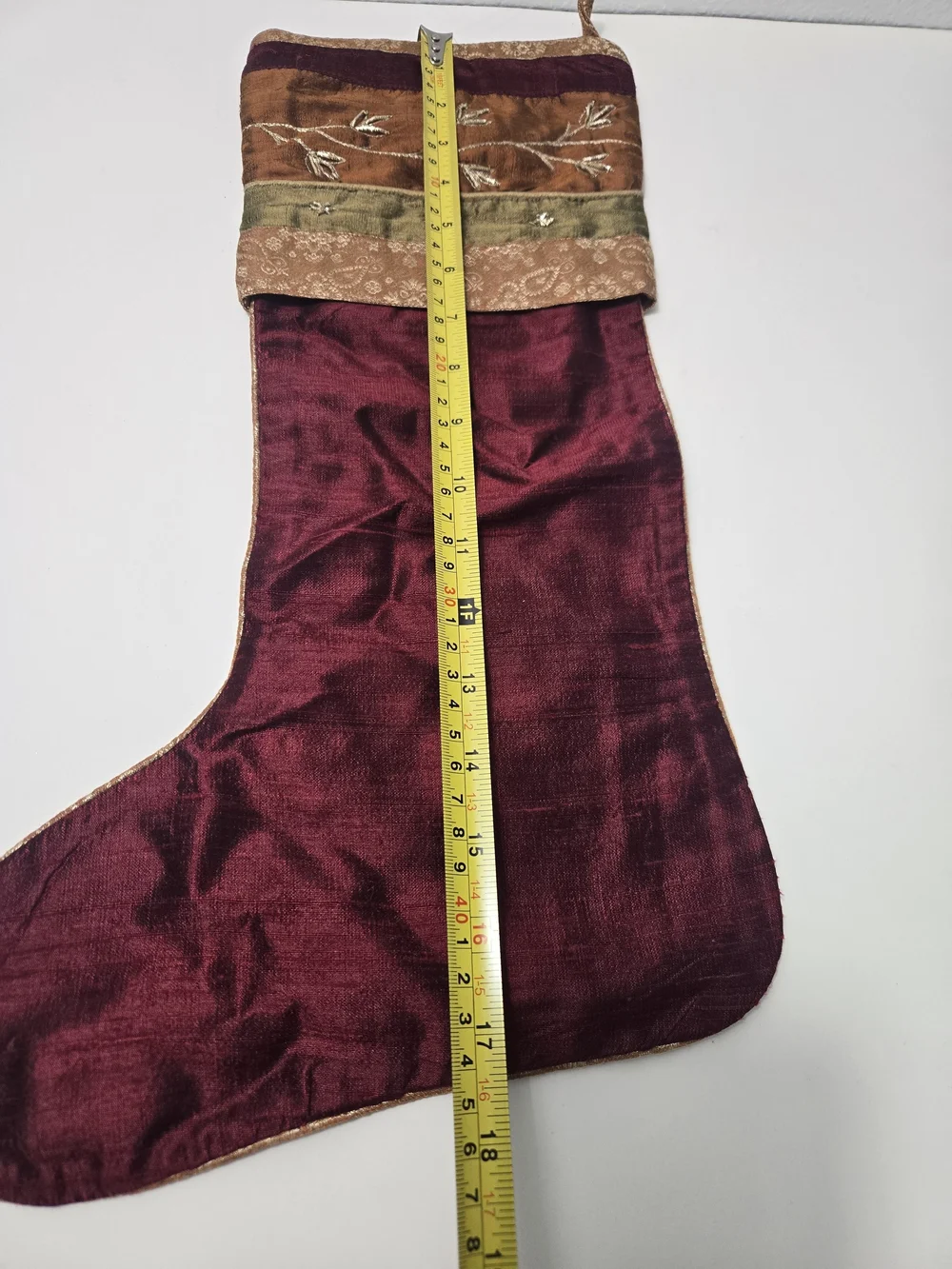 Crate & Barrel Velvet Stocking in Burgundy with Embroidered Cuff